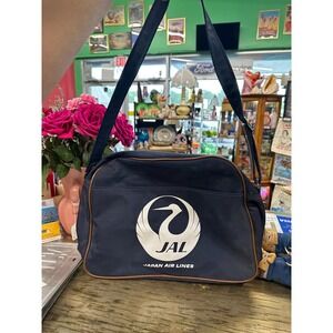 Vtg Japan Airlines  Flight Bag JAL Travel Shoulder Tote NAVY BLUE Brown Carry On